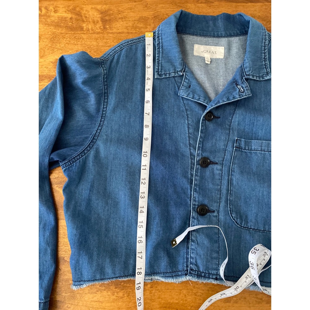 The GREAT Crop Chore Jacket Chambray Denim Raw Hem Boxy Cropped Jacket Size 2 - Picture 10 of 10